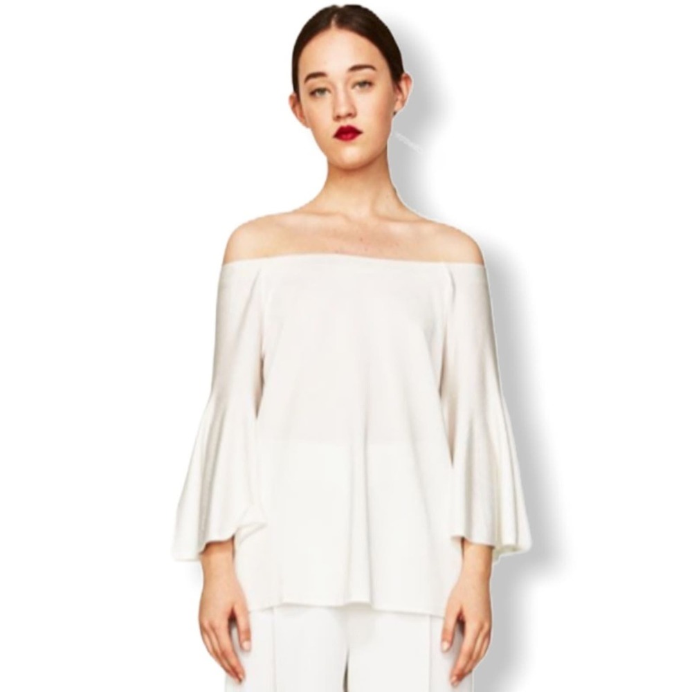 Zara | Zara Knit Off Shoulder White Sweater Top •